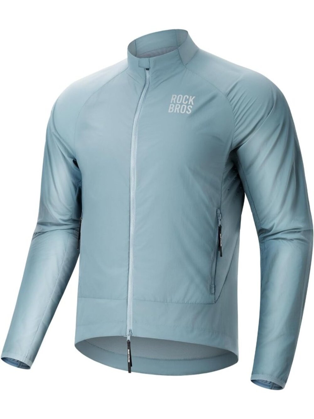 Men Blue Windbreaker Band Collar Multiple Pockets Zip-up Long Sleeve Jacket